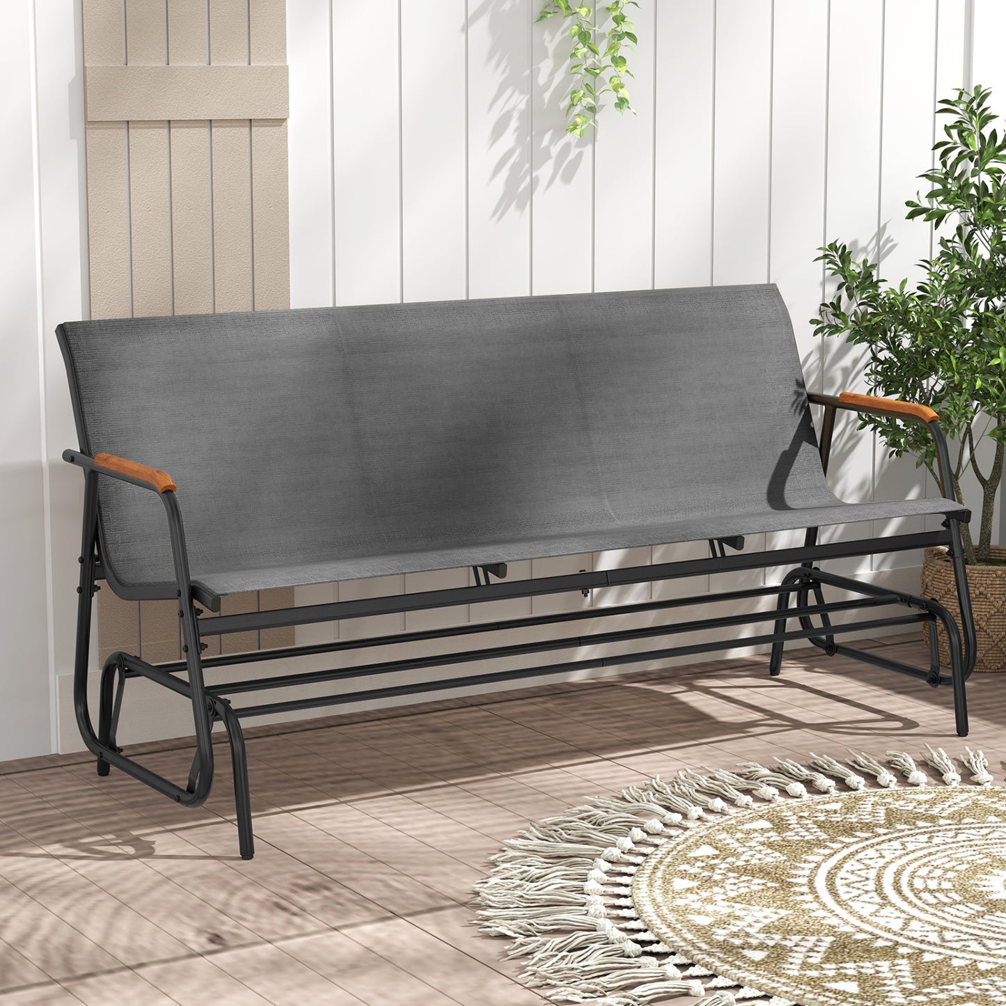 3-Person Patio Glider Bench with Teak Armrests