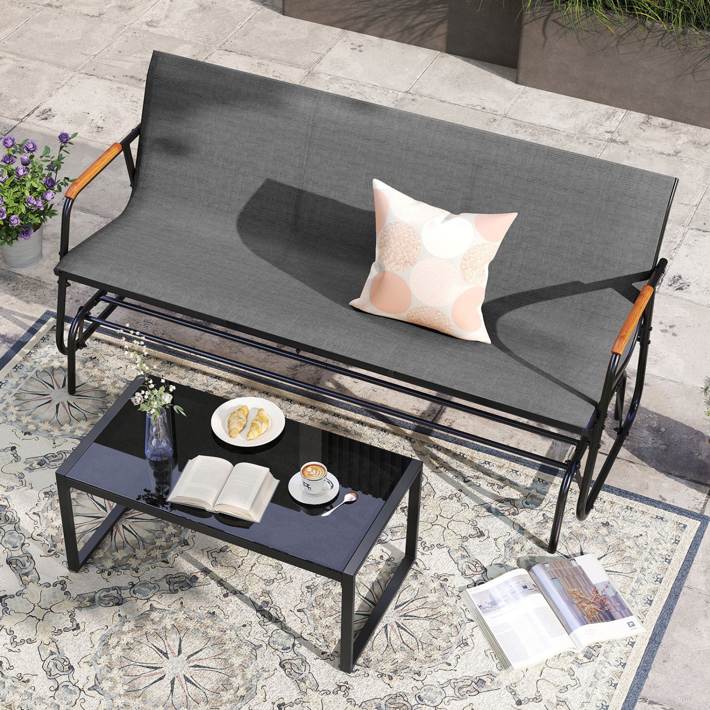 3-Person Patio Glider Bench with Teak Armrests