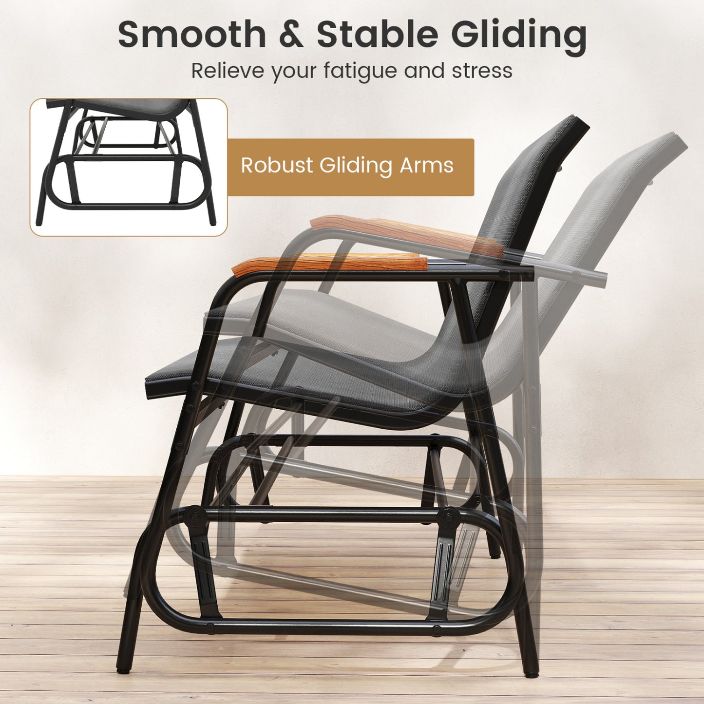 3-Person Patio Glider Bench with Teak Armrests