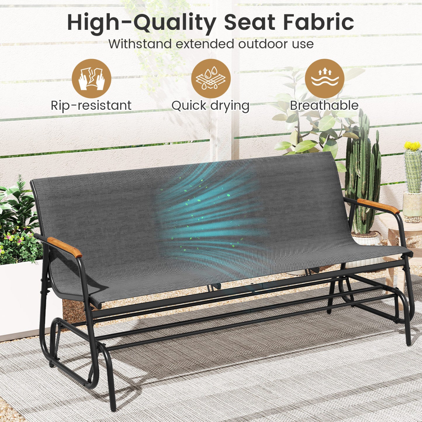 3-Person Patio Glider Bench with Teak Armrests