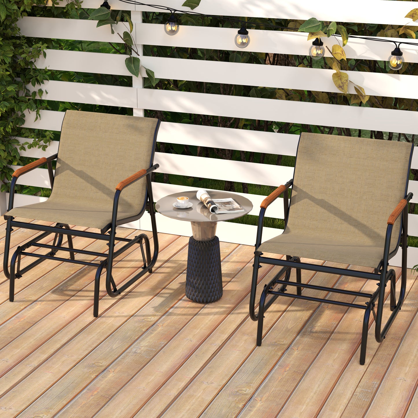 Patio Glider Chair Set of 2 with Teak Armrests