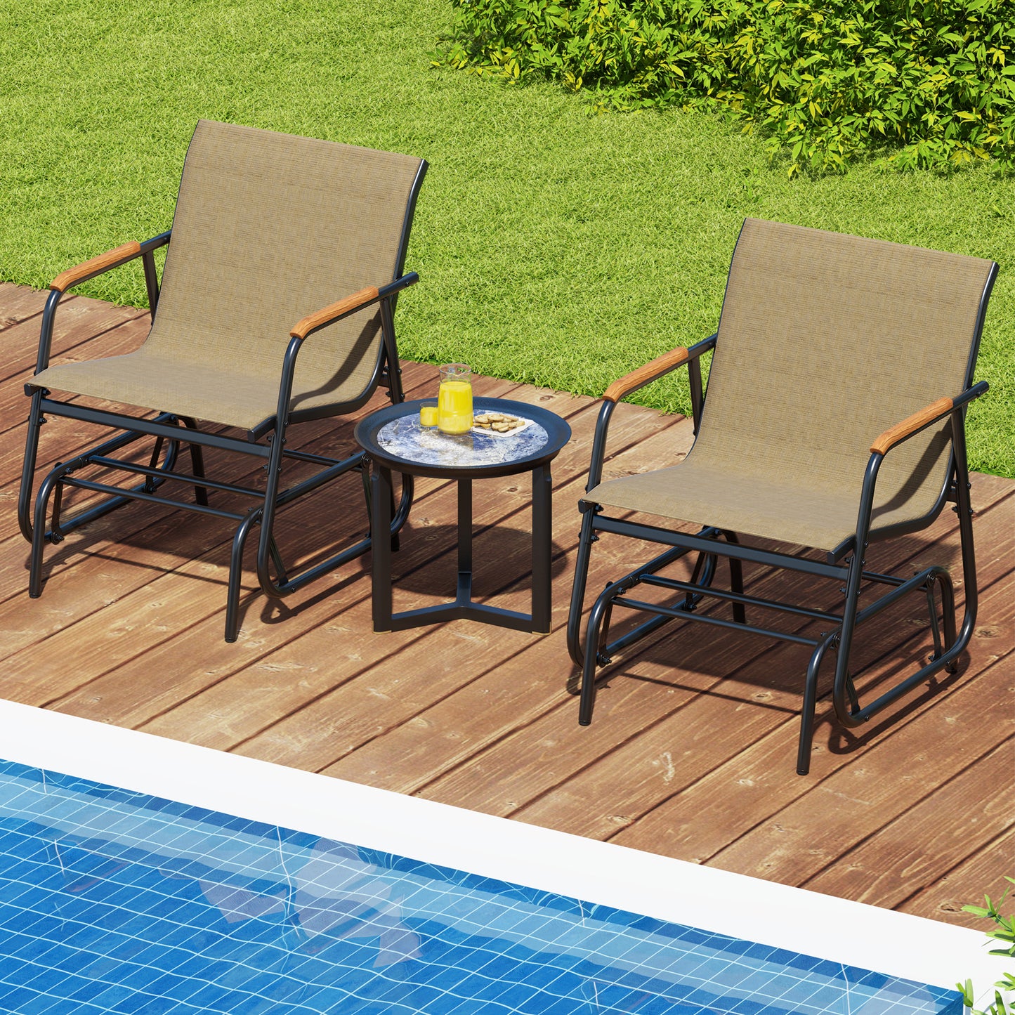 Patio Glider Chair Set of 2 with Teak Armrests