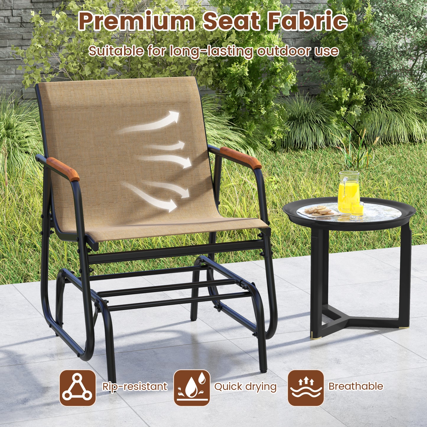 Patio Glider Chair Set of 2 with Teak Armrests
