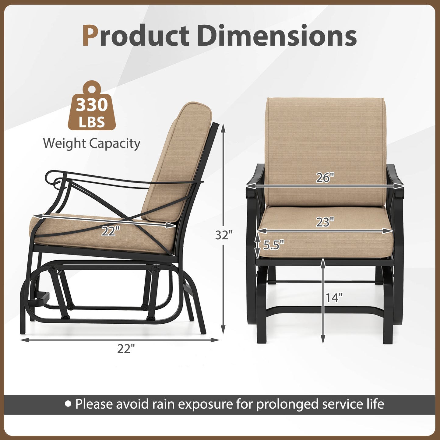 Patio Glider Rocking Chair with Cushions - Brown