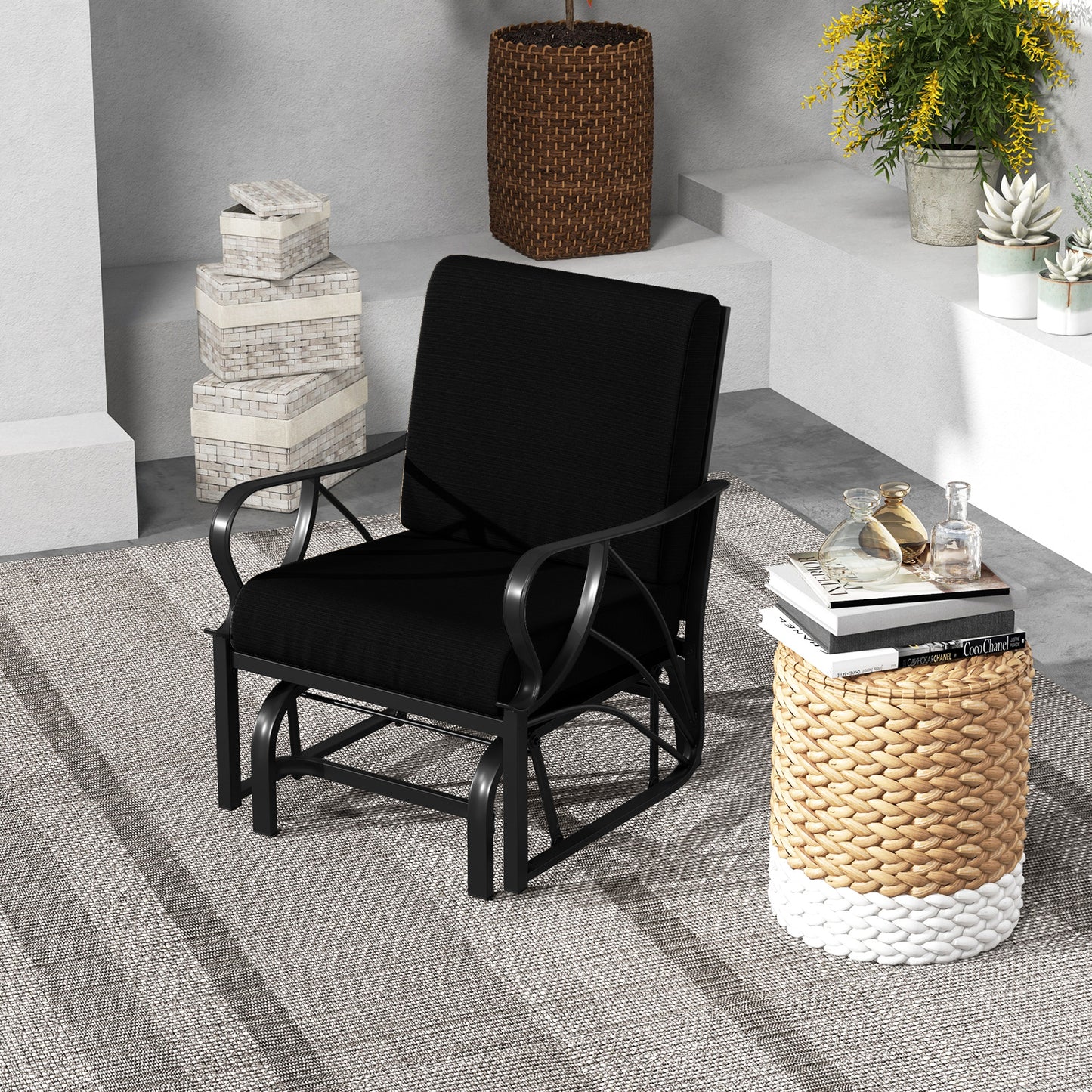 Patio Glider Rocking Chair with Cushion and Curved Armrests