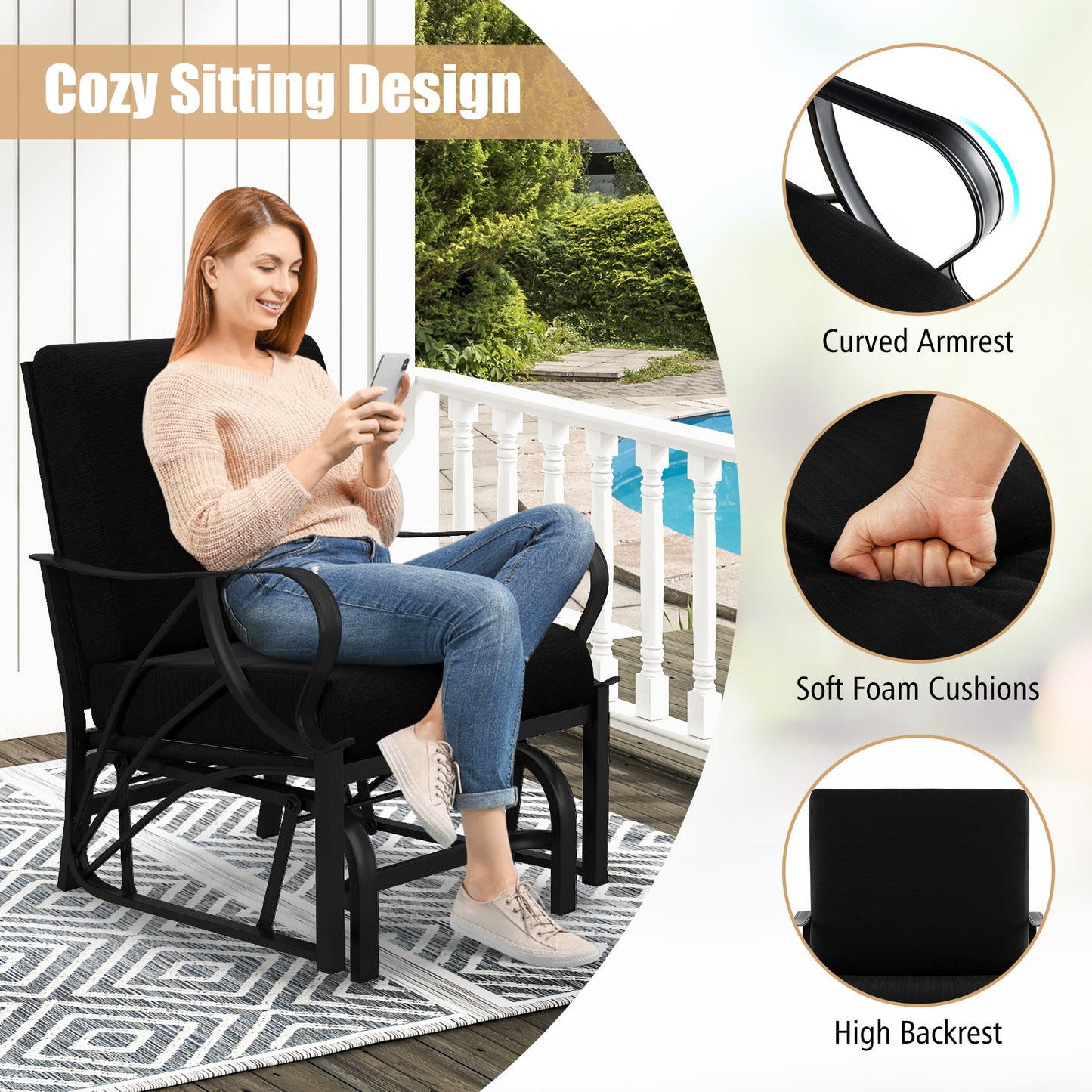 Patio Glider Rocking Chair with Cushion and Curved Armrests