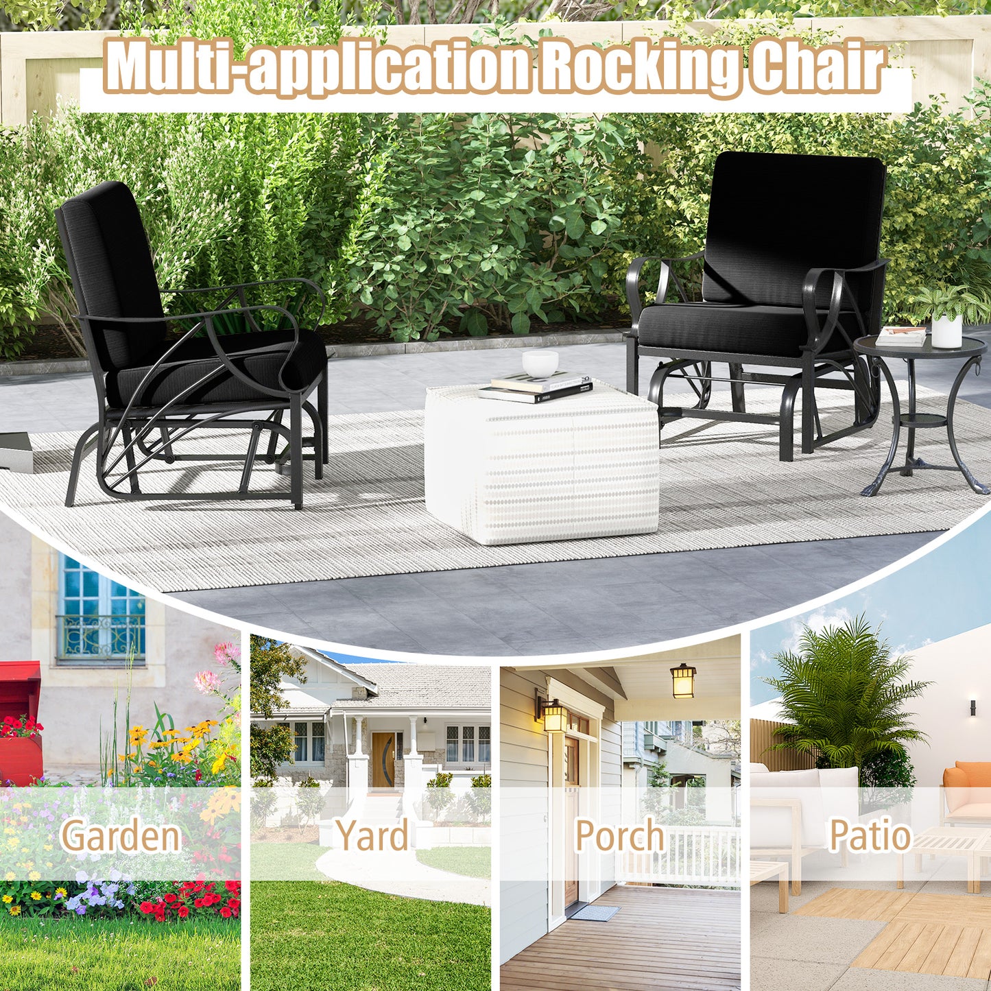 Patio Glider Rocking Chair with Cushion and Curved Armrests