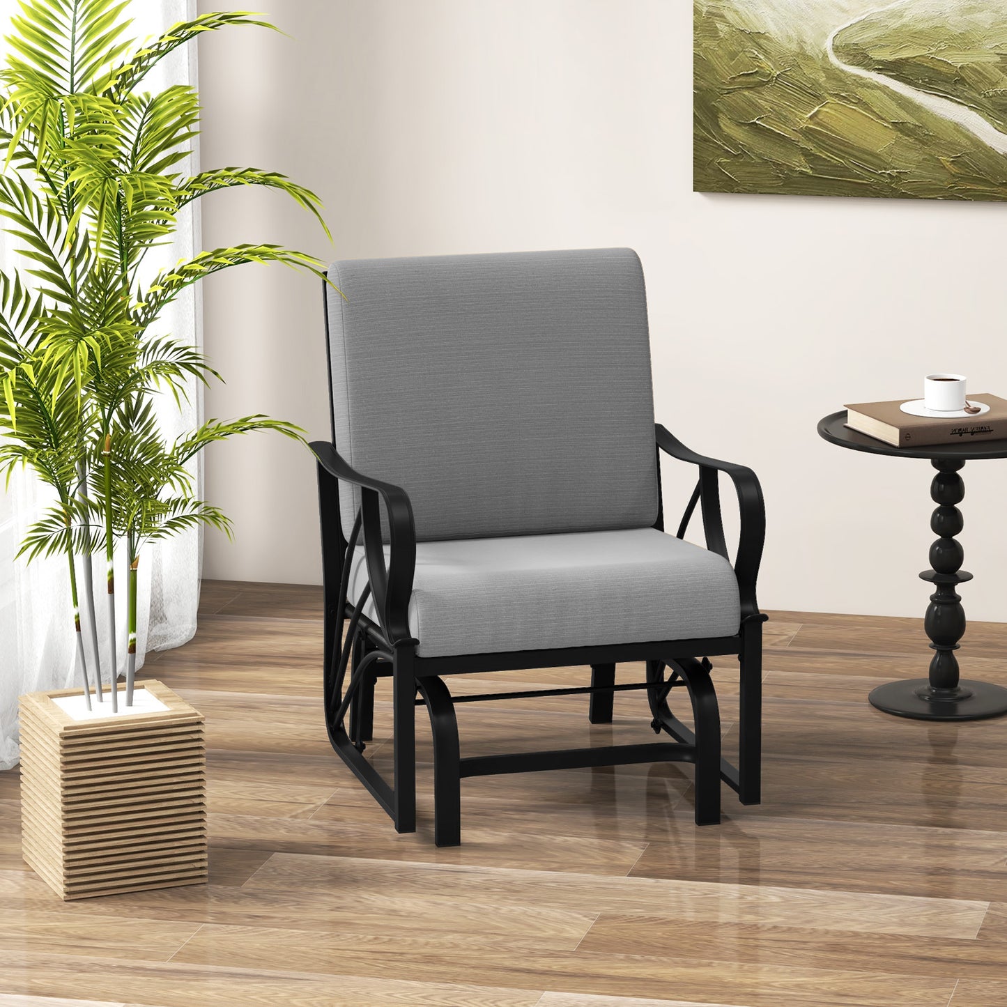 Patio Glider Rocking Chair with Cushion and Curved Armrests