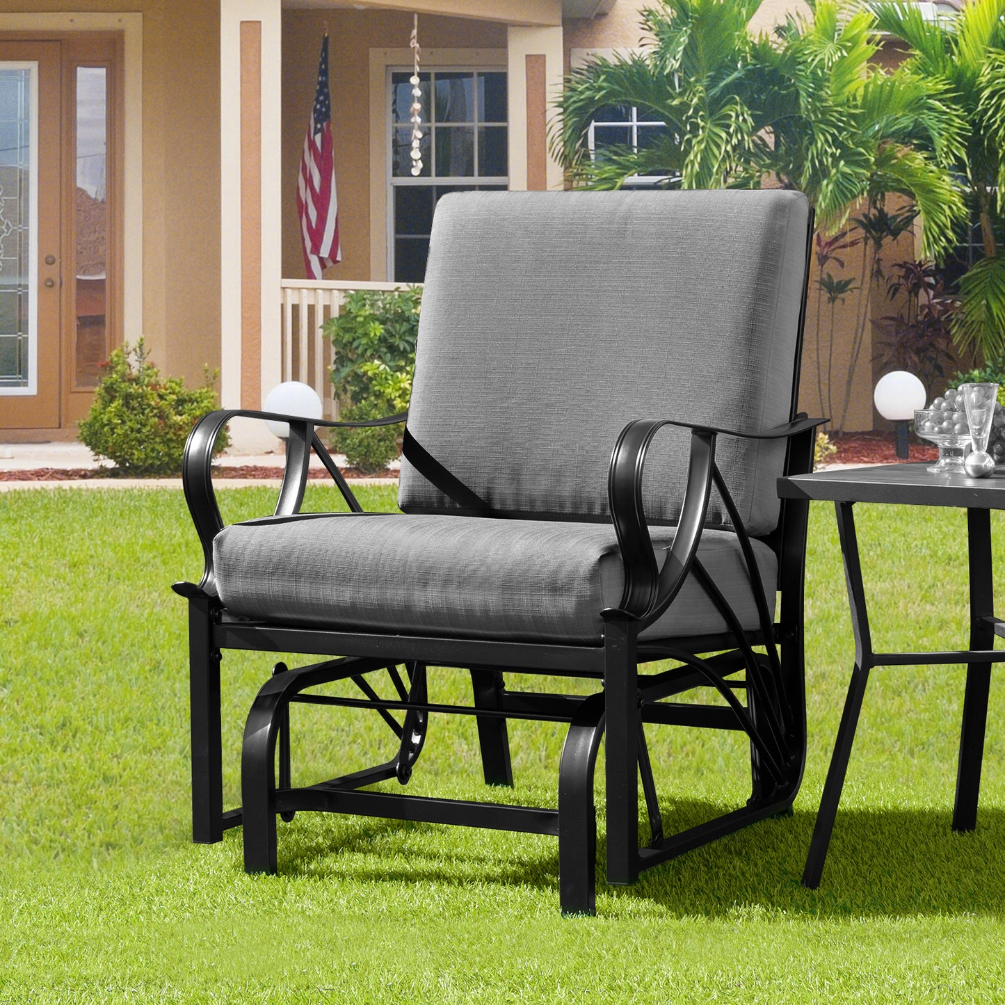 Patio Glider Rocking Chair with Cushion and Curved Armrests