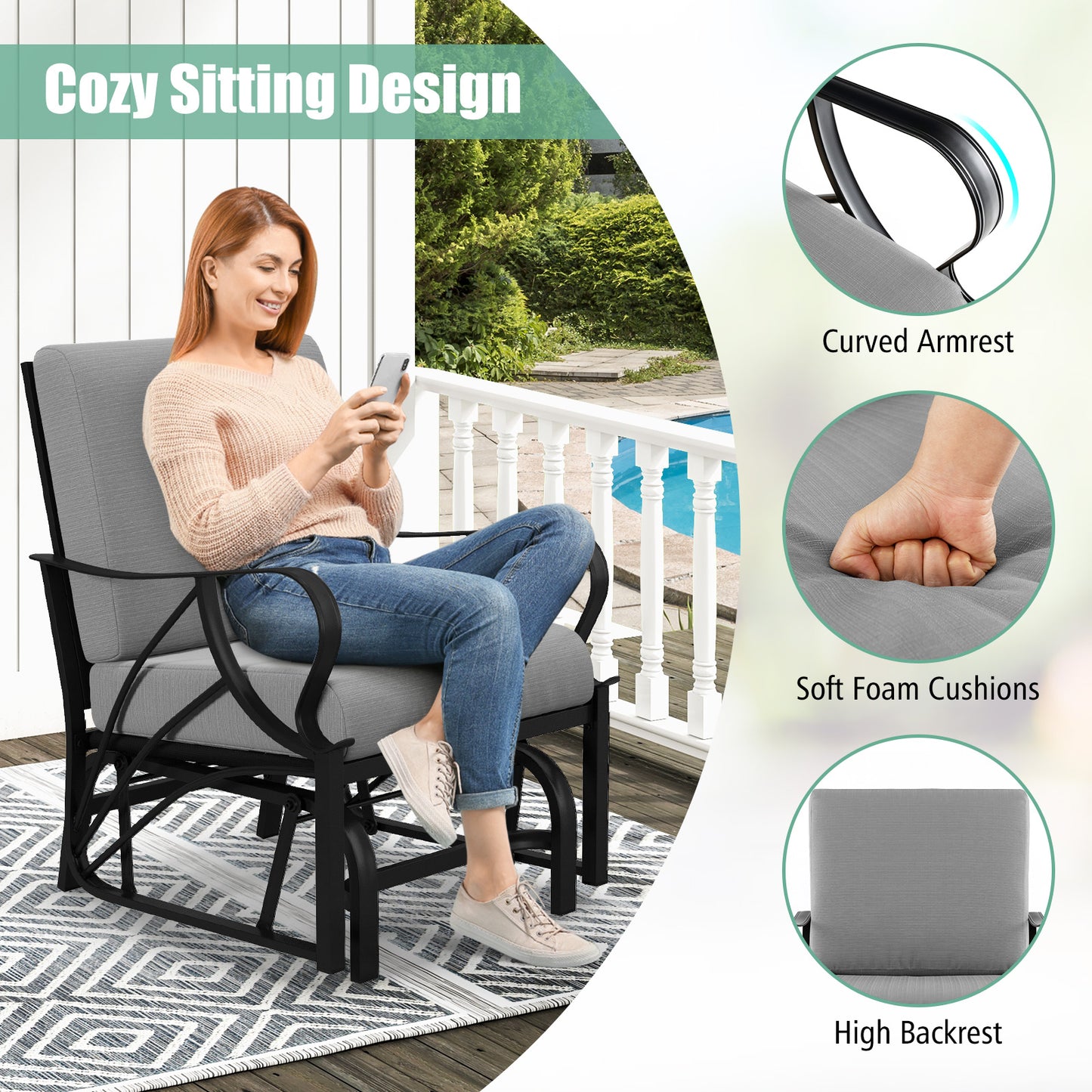 Patio Glider Rocking Chair with Cushion and Curved Armrests