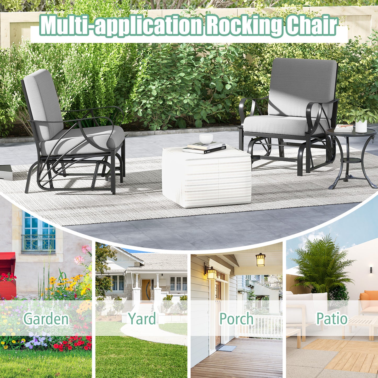 Patio Glider Rocking Chair with Cushion and Curved Armrests