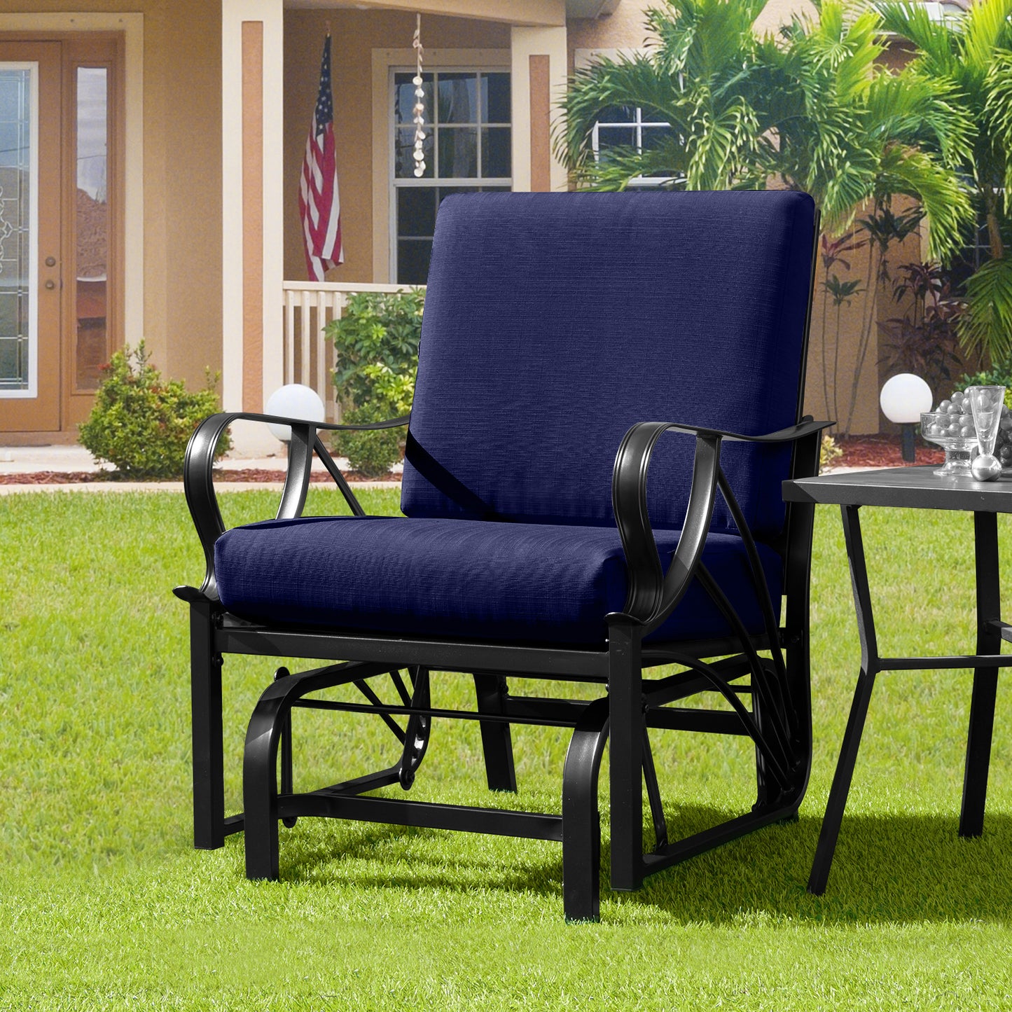 Patio Glider Rocking Chair with Cushion and Curved Armrests