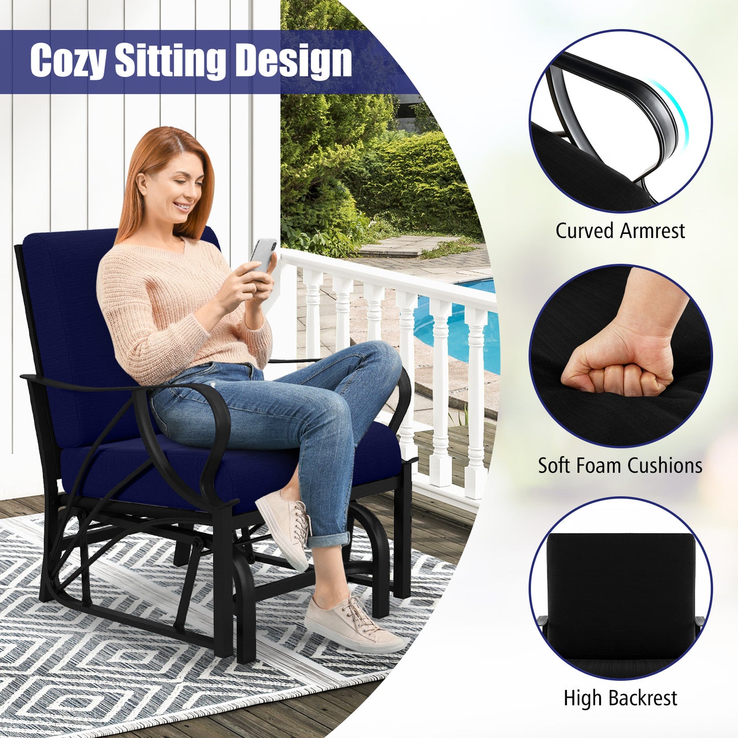 Patio Glider Rocking Chair with Cushion and Curved Armrests