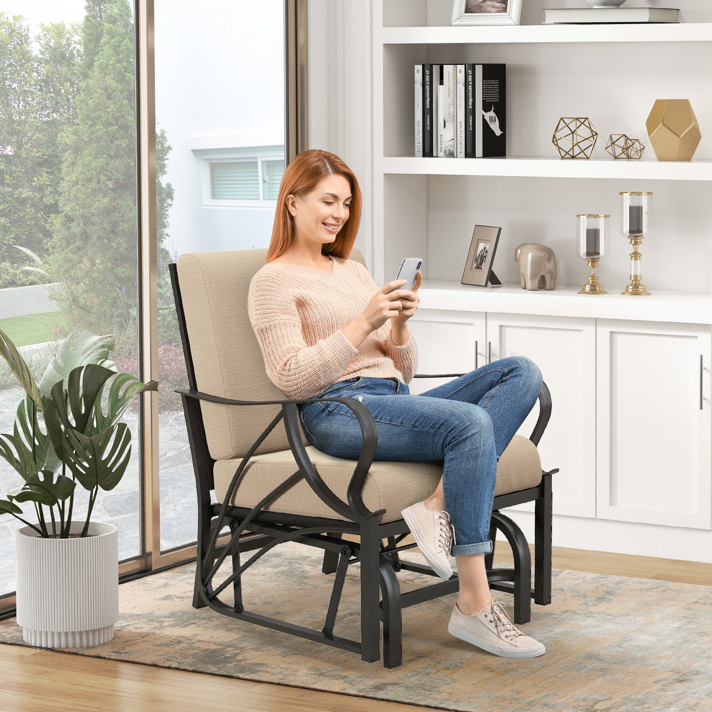 Patio Glider Rocking Chair with Cushion and Curved Armrests