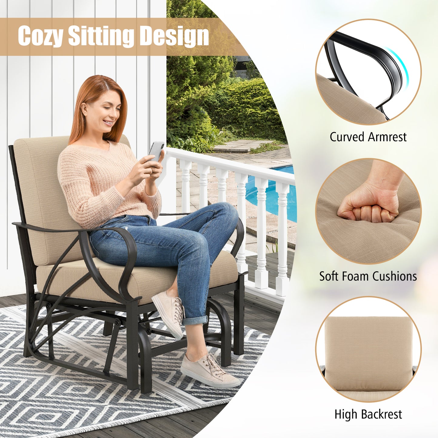 Patio Glider Rocking Chair with Cushion and Curved Armrests