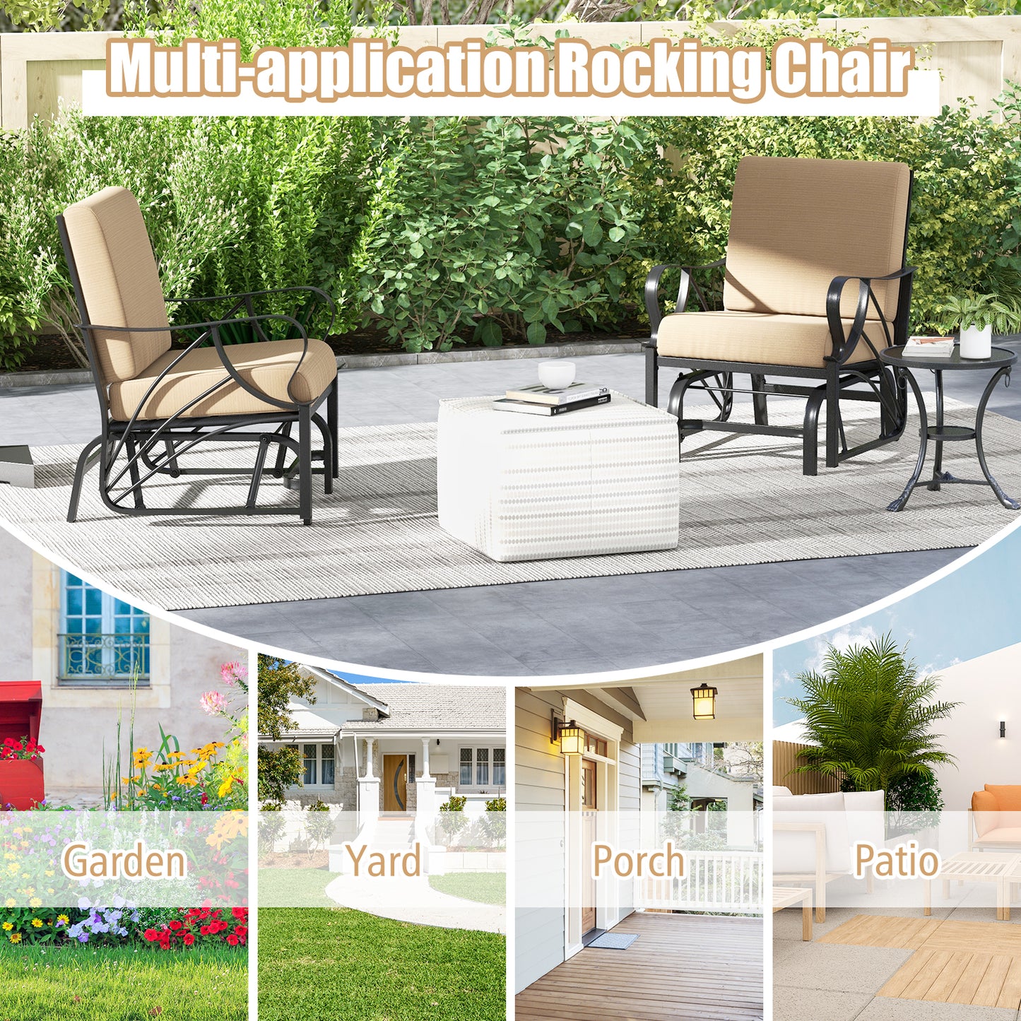 Patio Glider Rocking Chair with Cushion and Curved Armrests