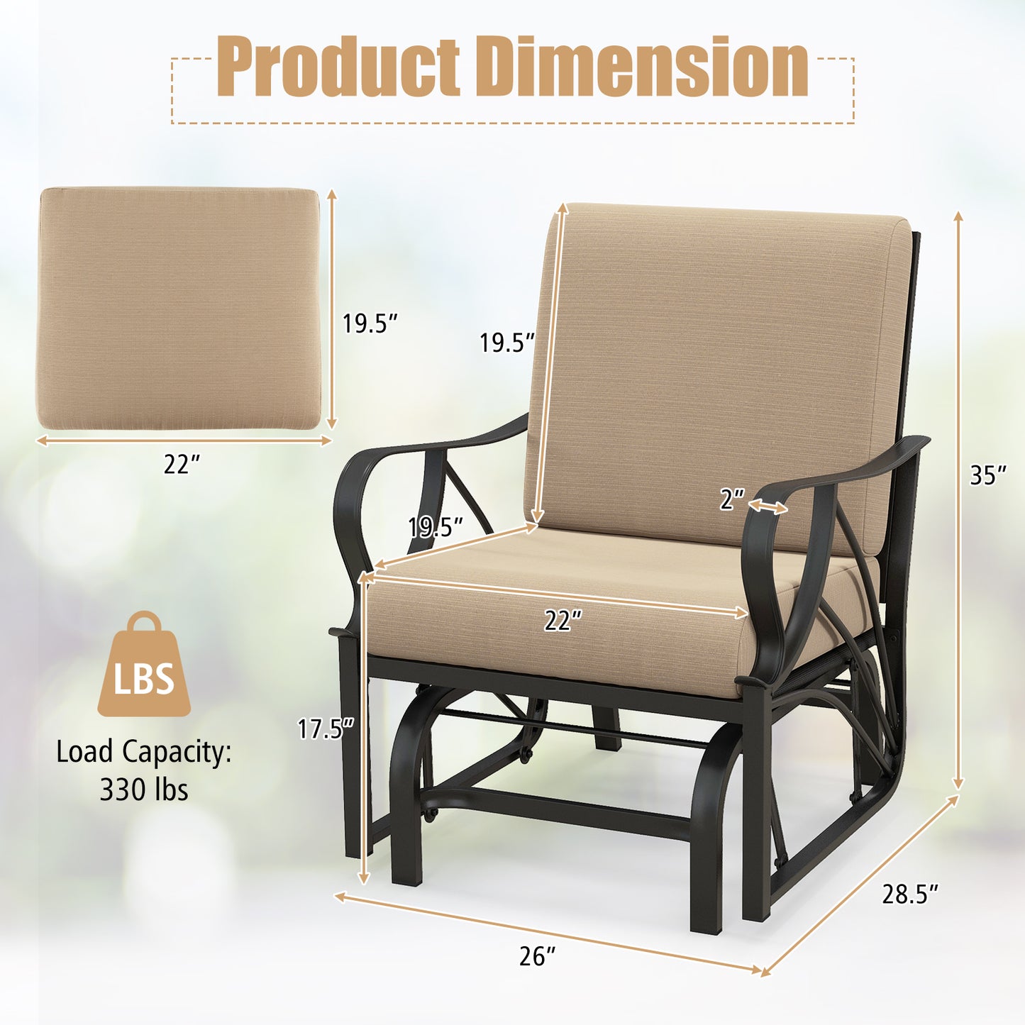 Patio Glider Rocking Chair with Cushion and Curved Armrests