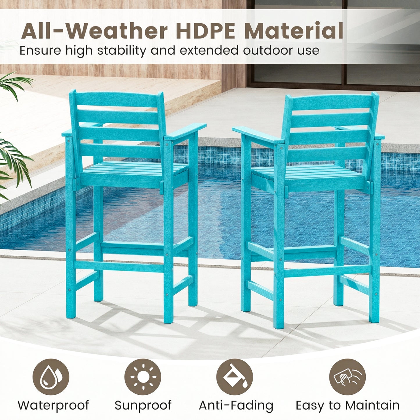 HDPE Adirondack Bar Chairs Set of 2 with Wide Armrests