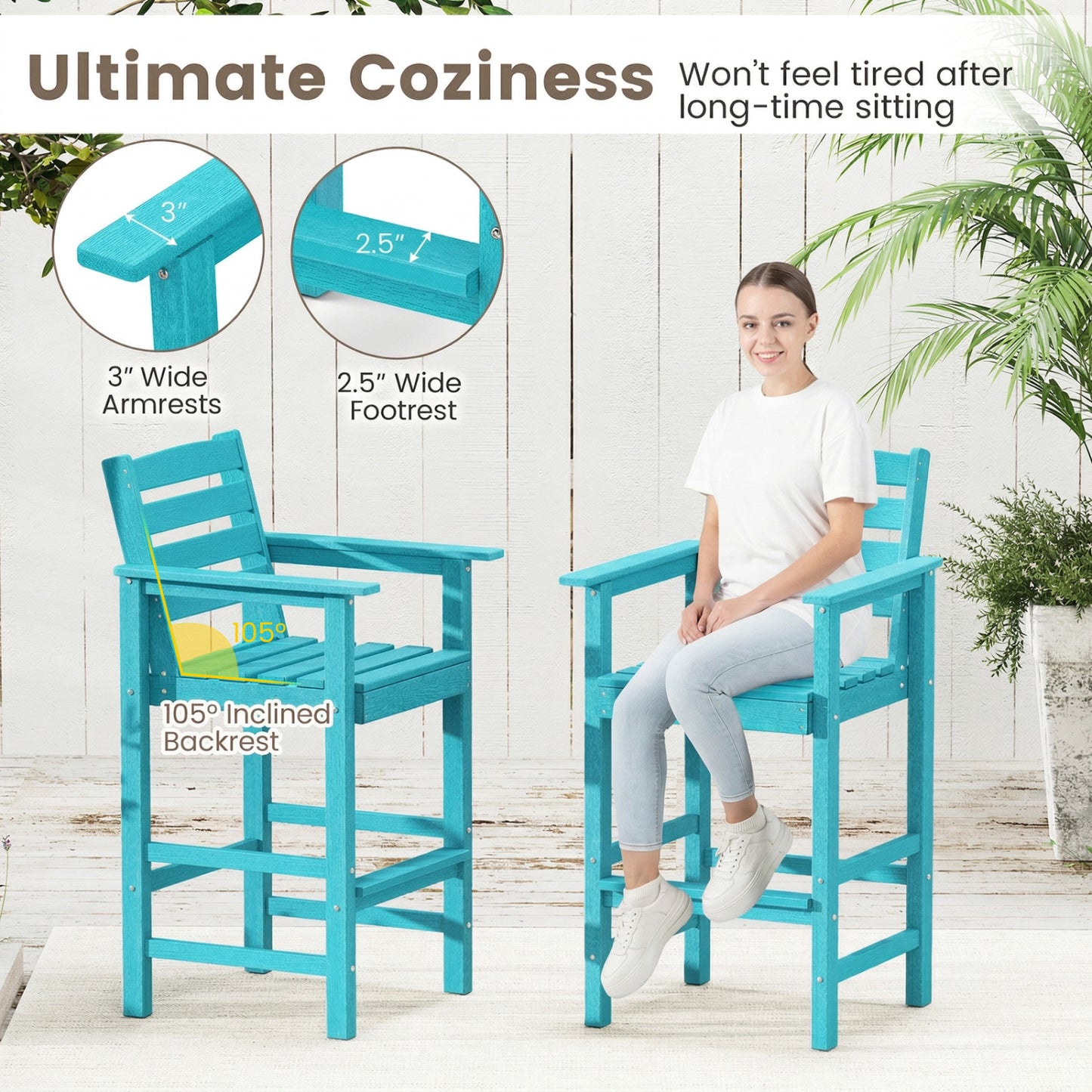 HDPE Adirondack Bar Chairs Set of 2 with Wide Armrests