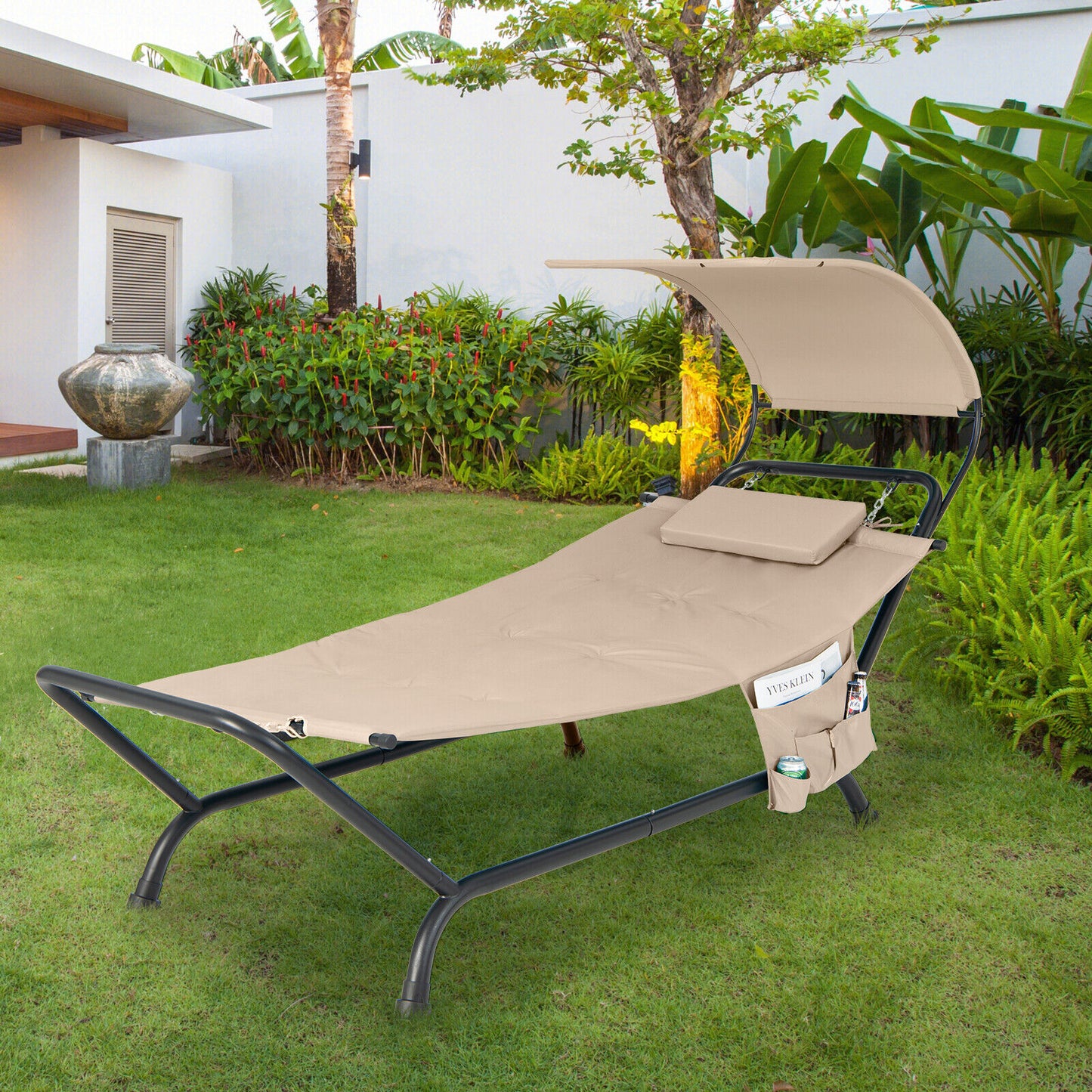Hanging Chaise Lounge Chair with Canopy and Cushion
