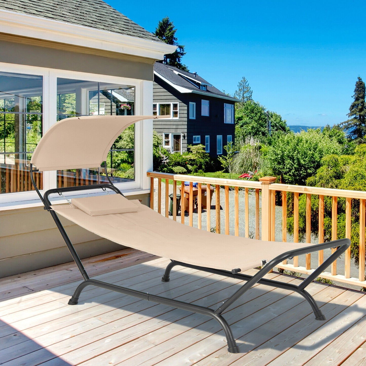 Hanging Chaise Lounge Chair with Canopy and Cushion