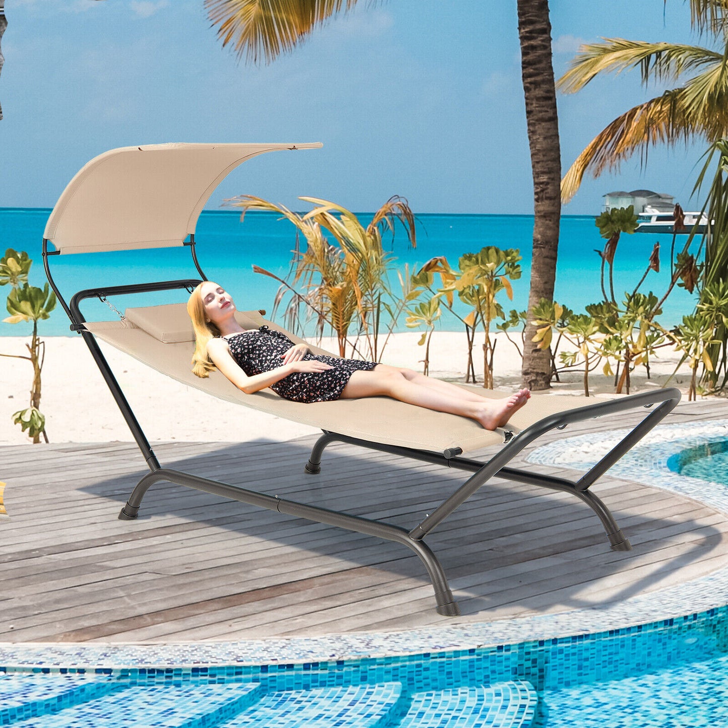 Hanging Chaise Lounge Chair with Canopy and Cushion