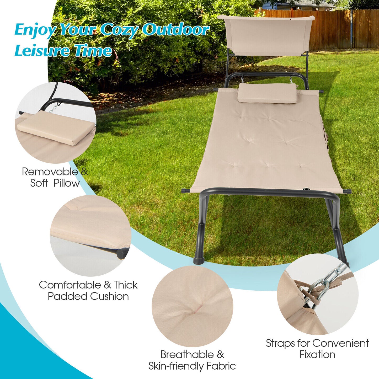 Hanging Chaise Lounge Chair with Canopy and Cushion