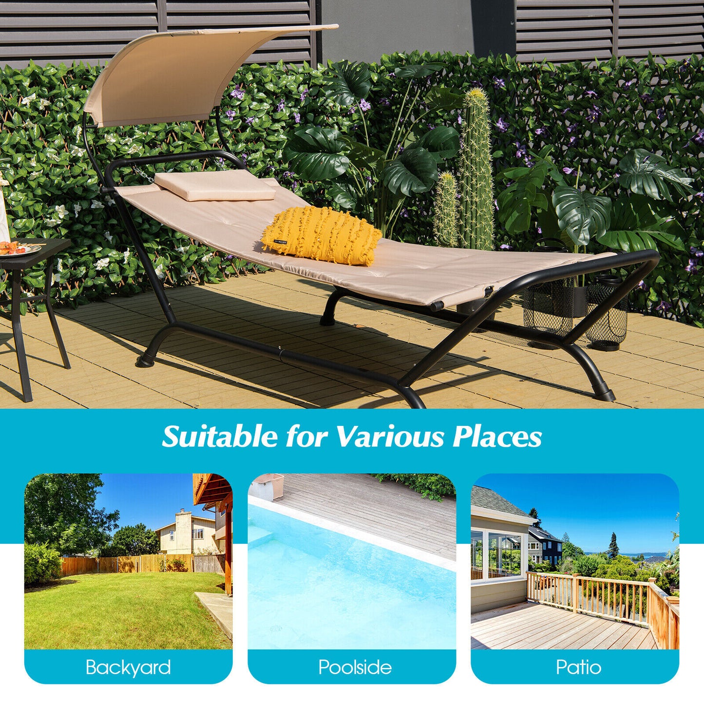 Hanging Chaise Lounge Chair with Canopy and Cushion