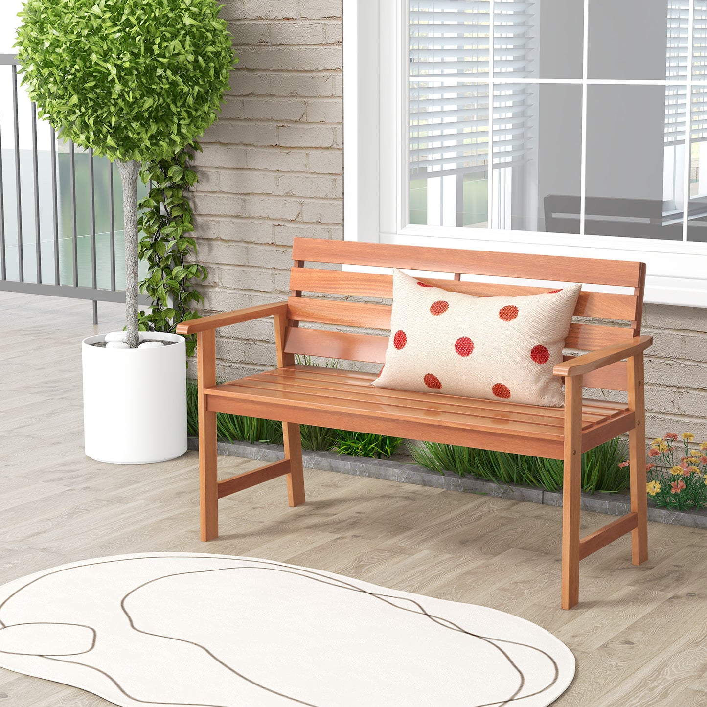 Solid Wood Outdoor Bench 2-Seat with Inclined Backrest
