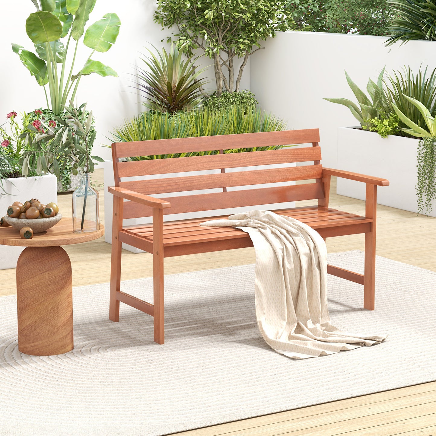 Solid Wood Outdoor Bench 2-Seat with Inclined Backrest