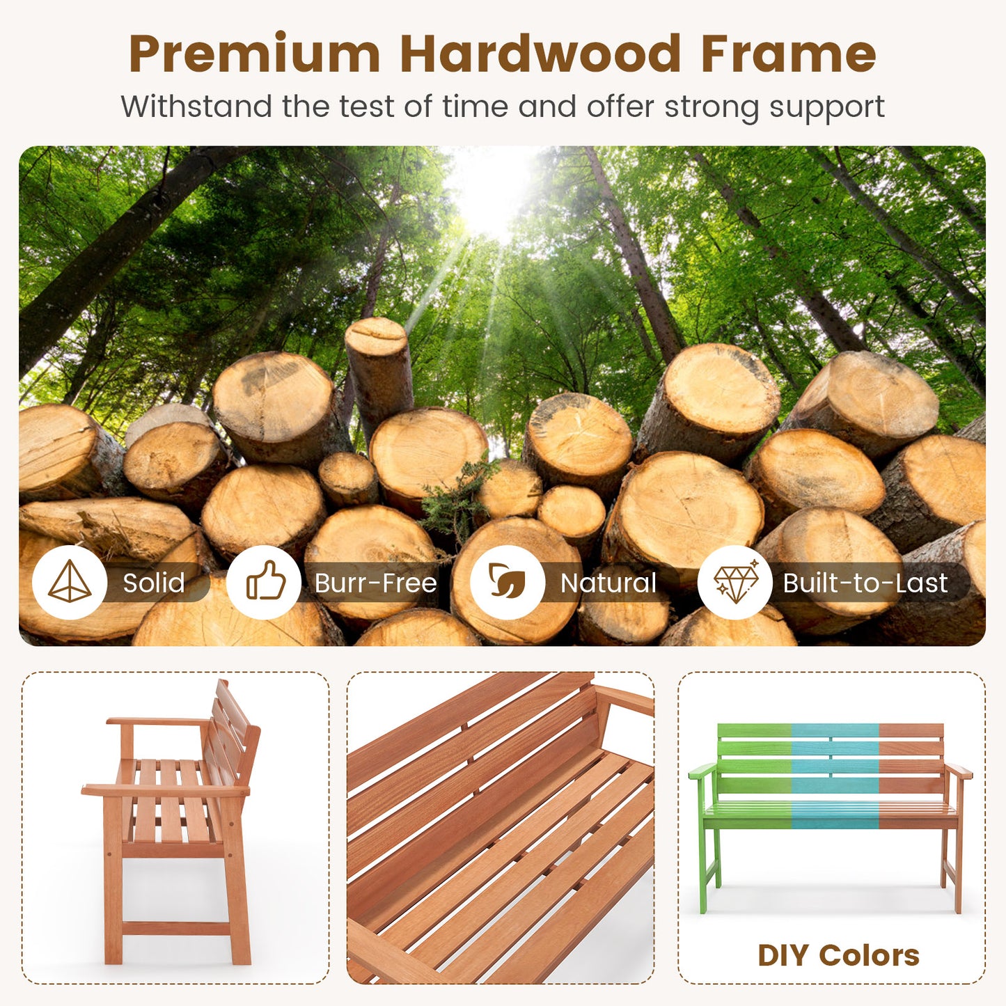 Solid Wood Outdoor Bench 2-Seat with Inclined Backrest