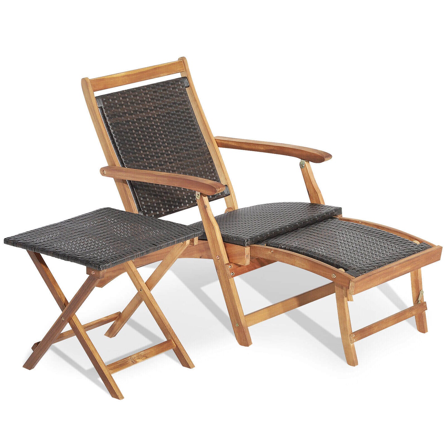Patio Rattan Folding Lounge Chair with Acacia Wood Table Set
