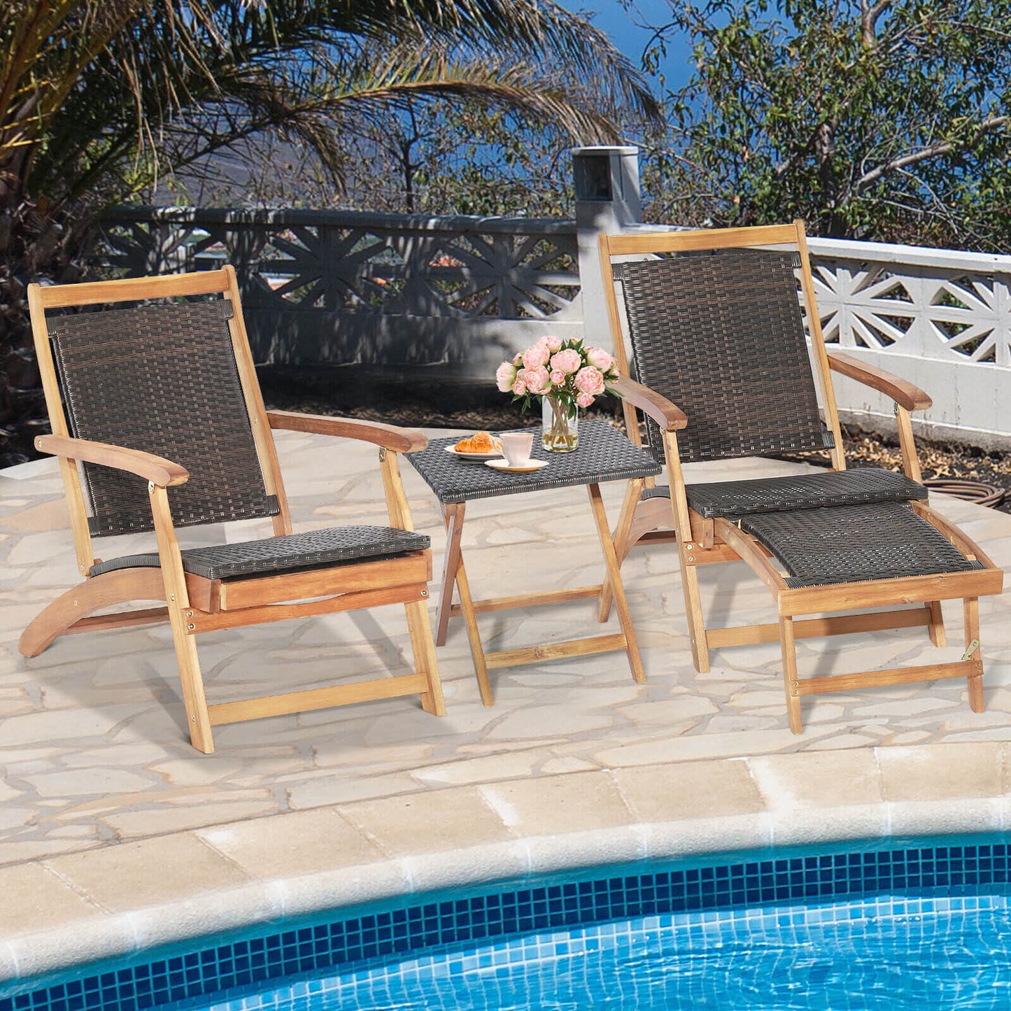 Patio Rattan Folding Lounge Chair with Acacia Wood Table Set
