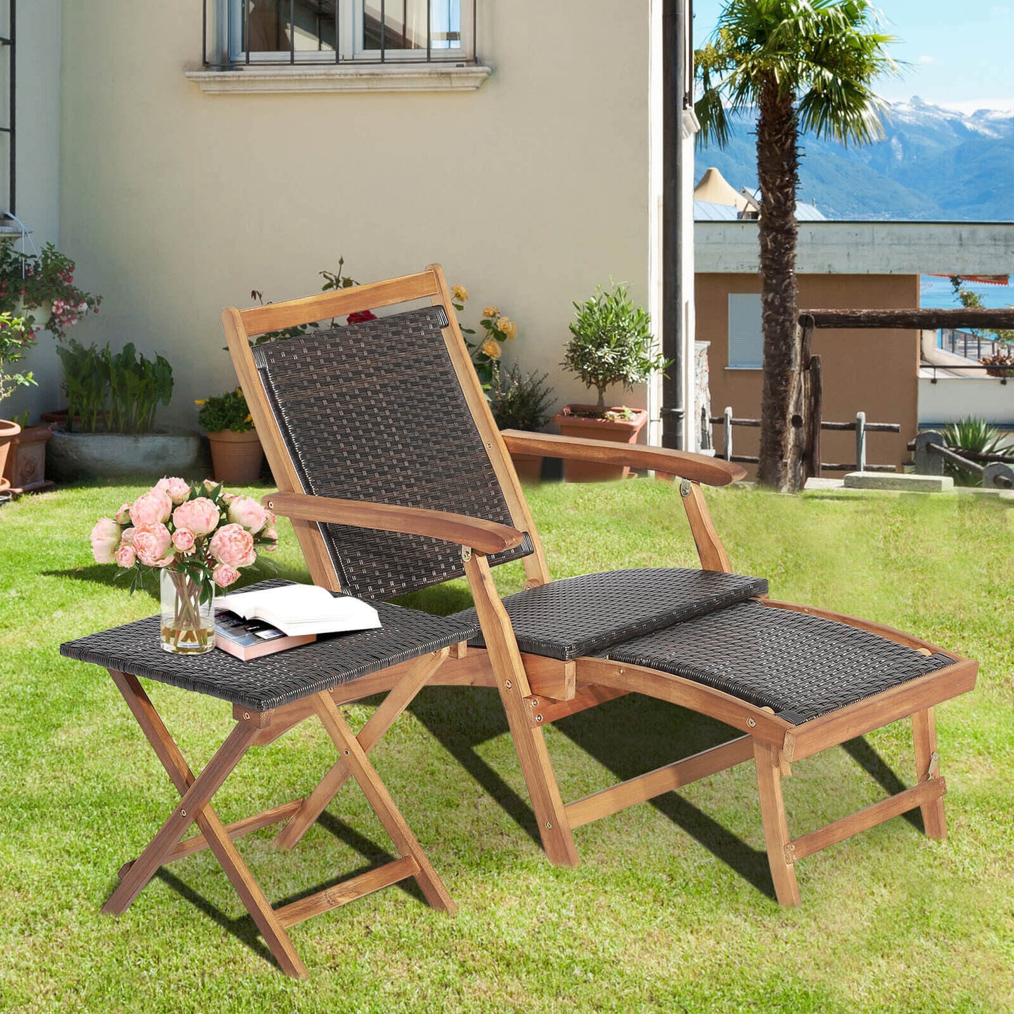 Patio Rattan Folding Lounge Chair with Acacia Wood Table Set
