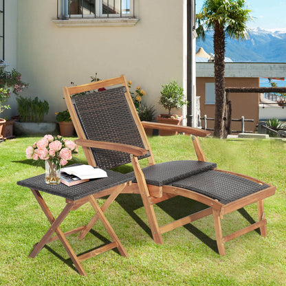 Patio Rattan Folding Lounge Chair with Acacia Wood Table Set