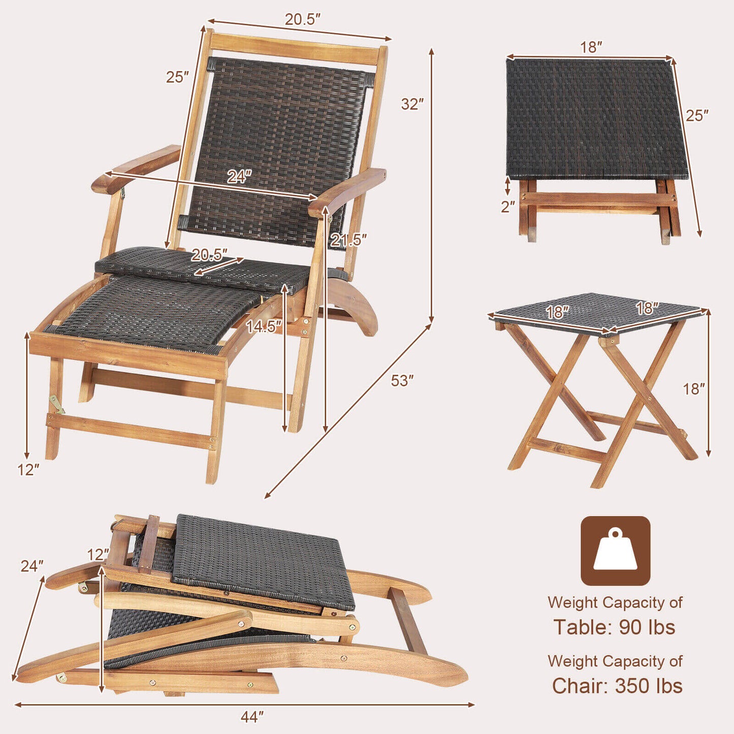 Patio Rattan Folding Lounge Chair with Acacia Wood Table Set