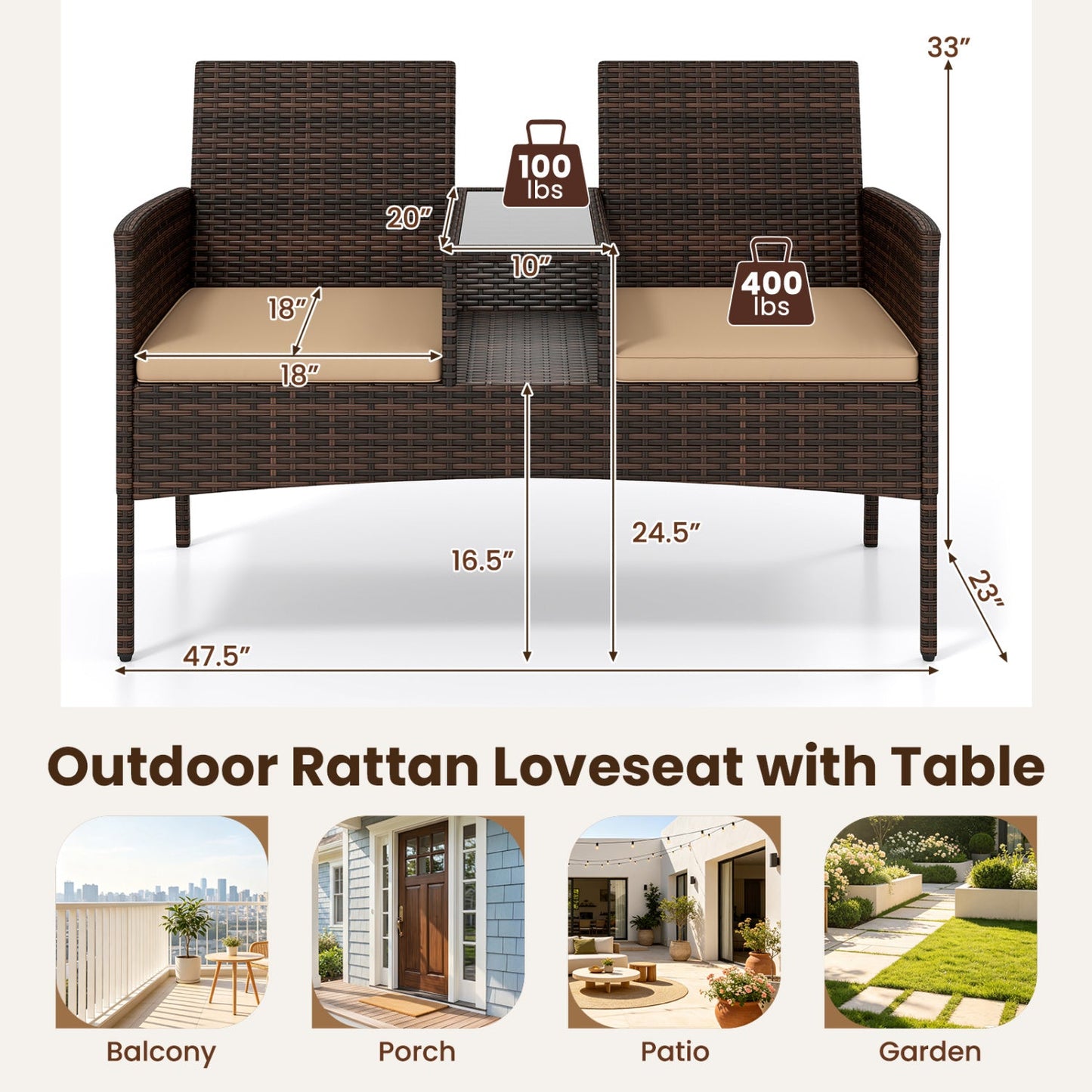 Patio Loveseat 2-Seat Conversation Set with Coffee Table