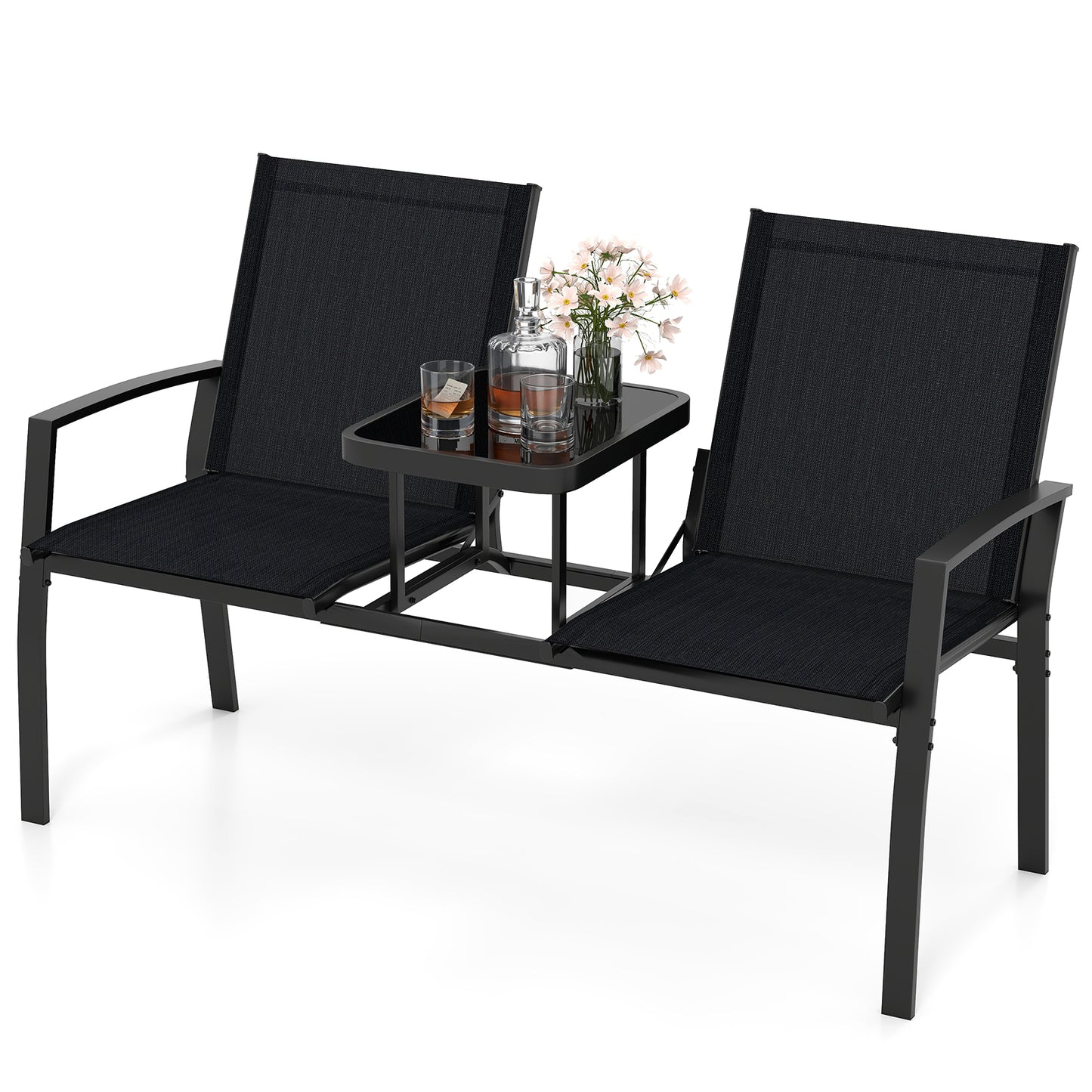 Patio Loveseat with Built-In Table and Breathable Fabric