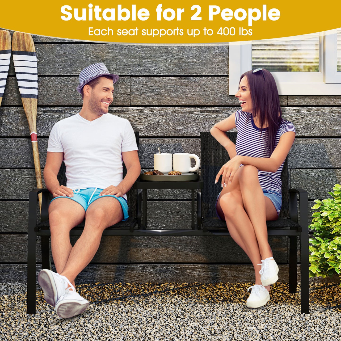 Patio Loveseat with Built-In Table and Breathable Fabric