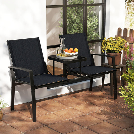 Patio Loveseat with Built-In Table and Breathable Fabric