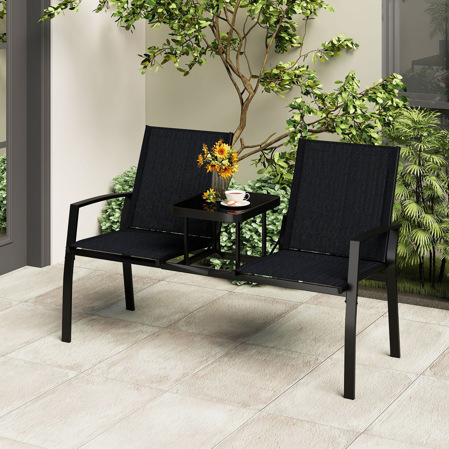 Patio Loveseat with Built-In Table and Breathable Fabric