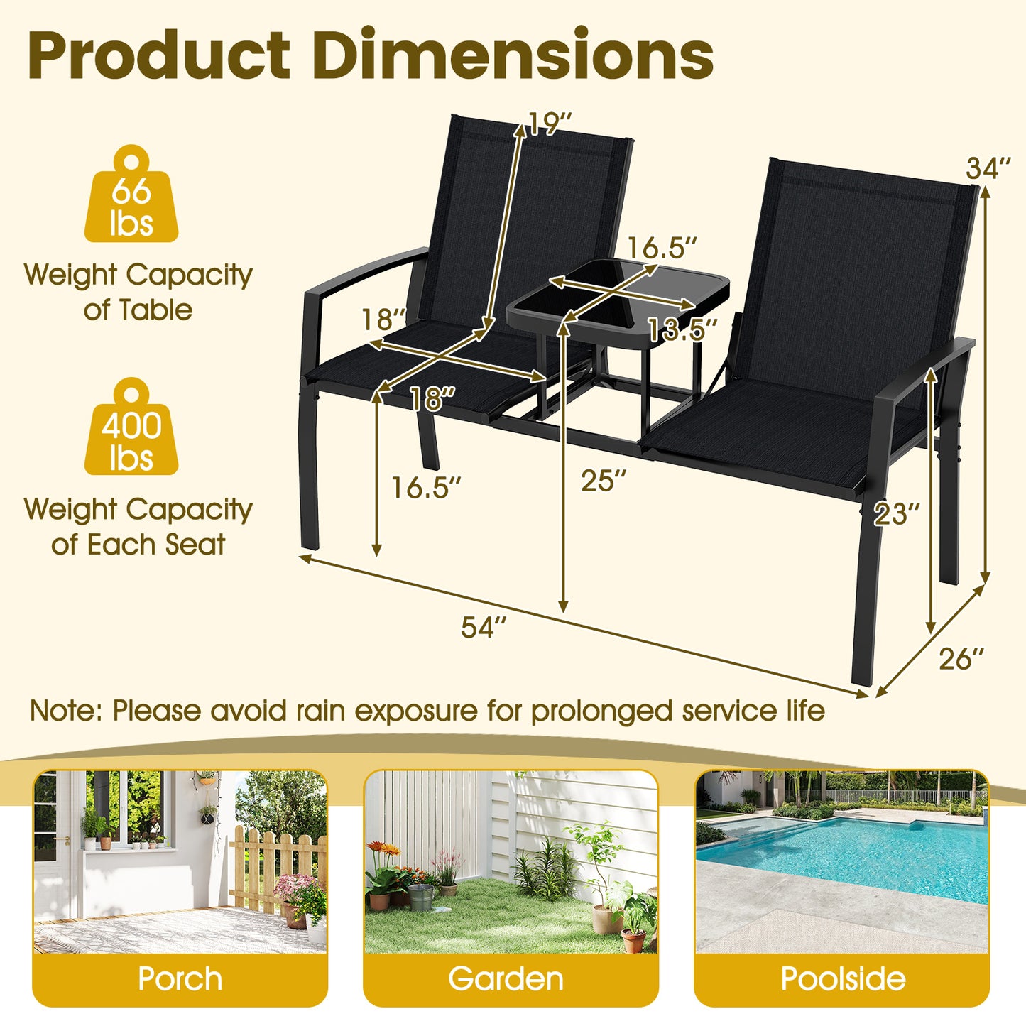 Patio Loveseat with Built-In Table and Breathable Fabric