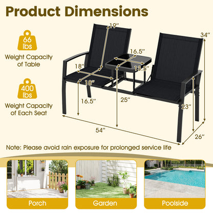 Patio Loveseat with Built-In Table and Breathable Fabric