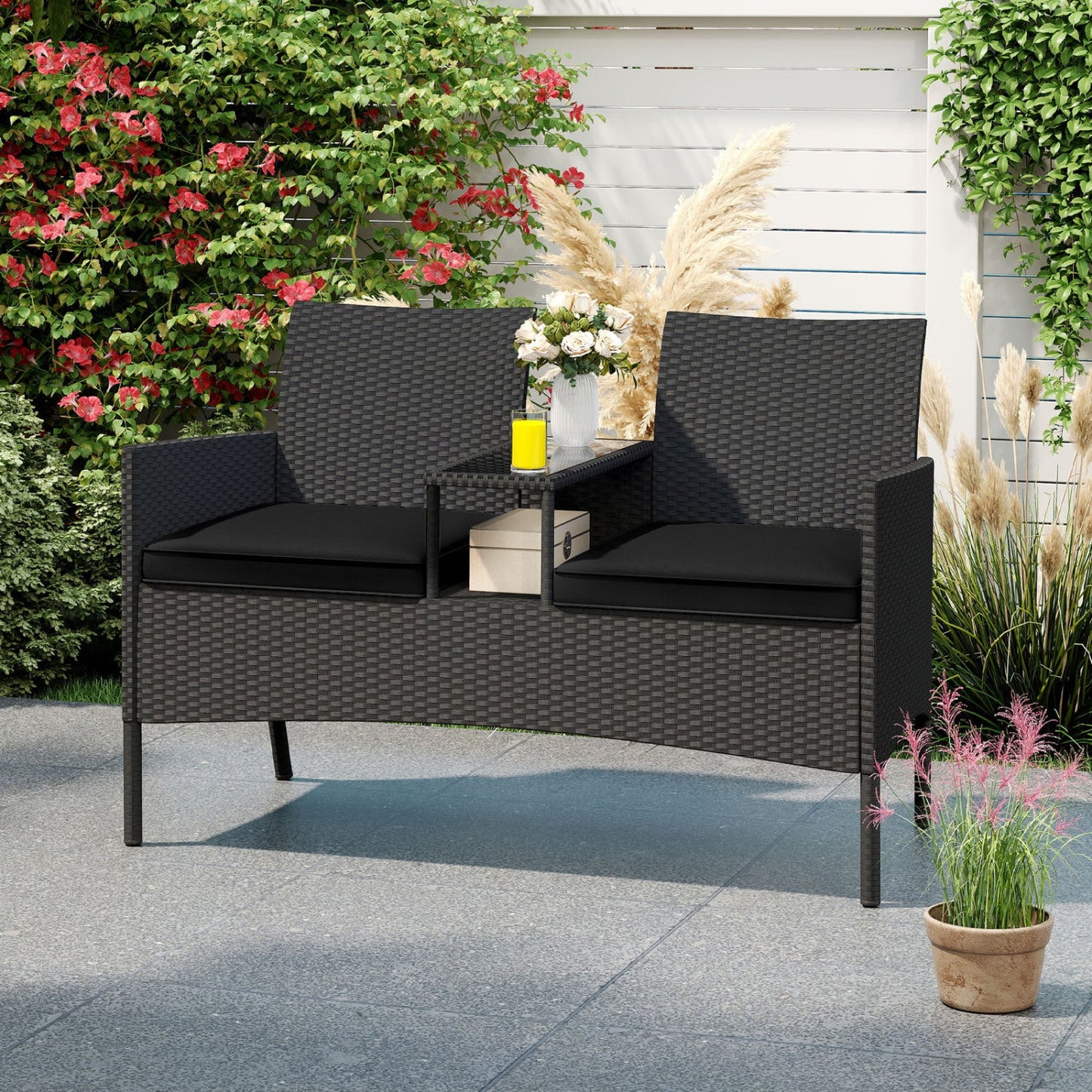 Patio Loveseat with Built-in Table and Storage
