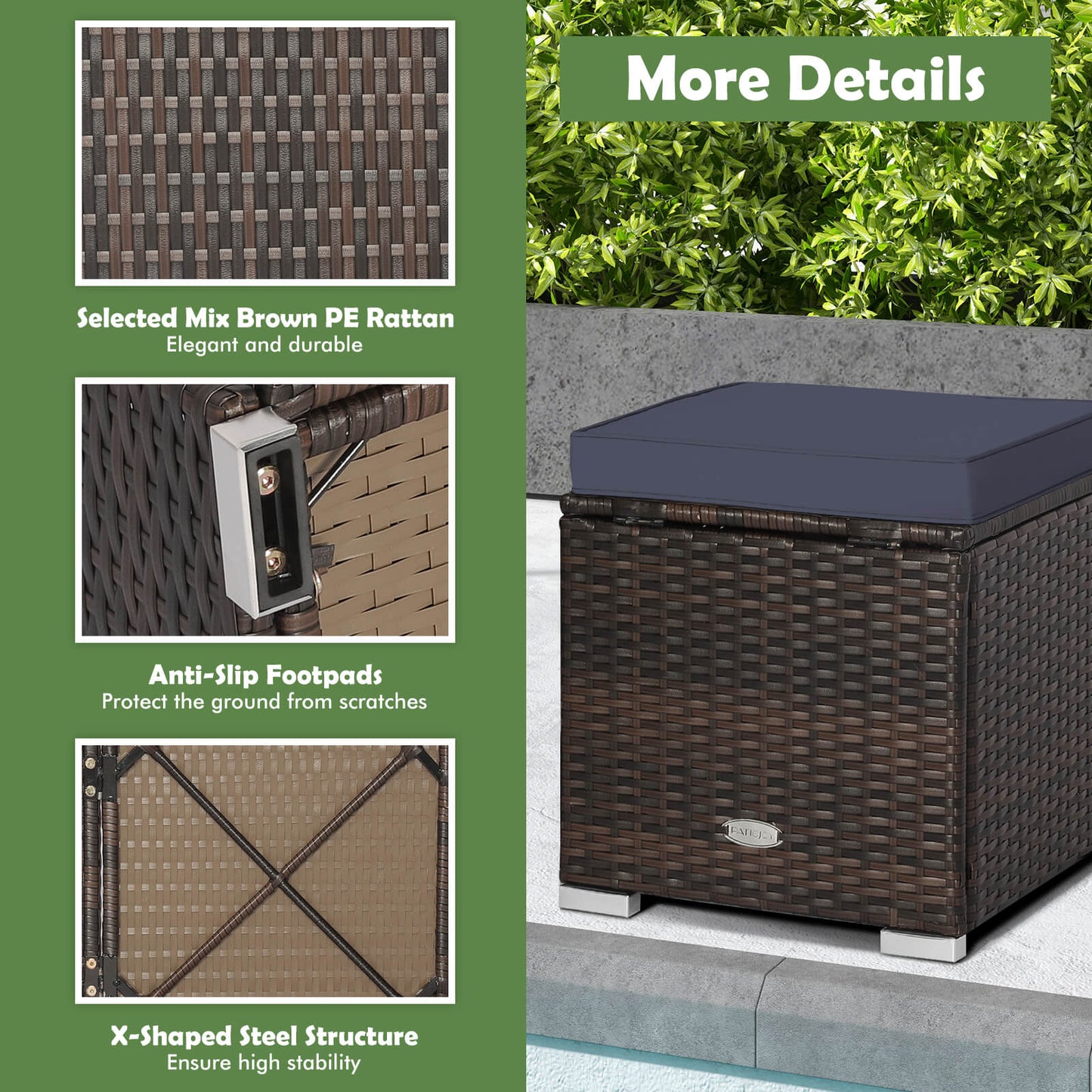 Patio Ottoman Set with Removable Cushions & Storage (2-Piece)