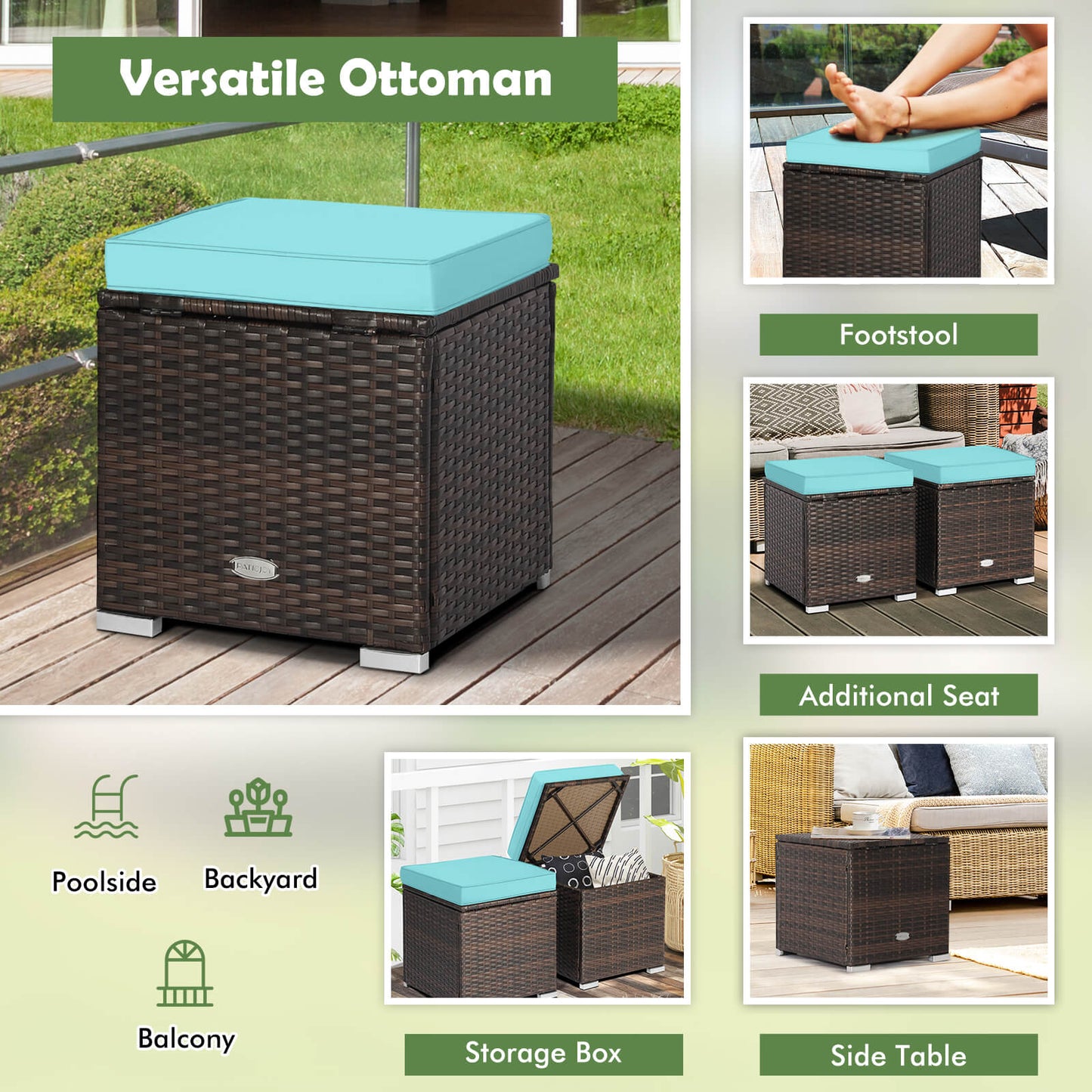 Patio Ottoman Set with Removable Cushions & Storage (2-Piece)