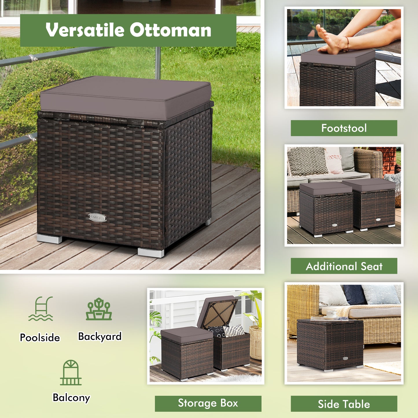 Patio Ottoman Set with Removable Cushions & Storage (2-Piece)