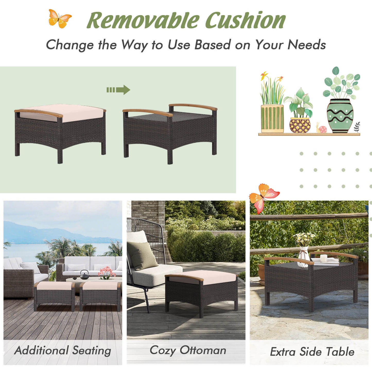 Wicker Patio Ottoman Set of 2 with Cushions - Mix Brown