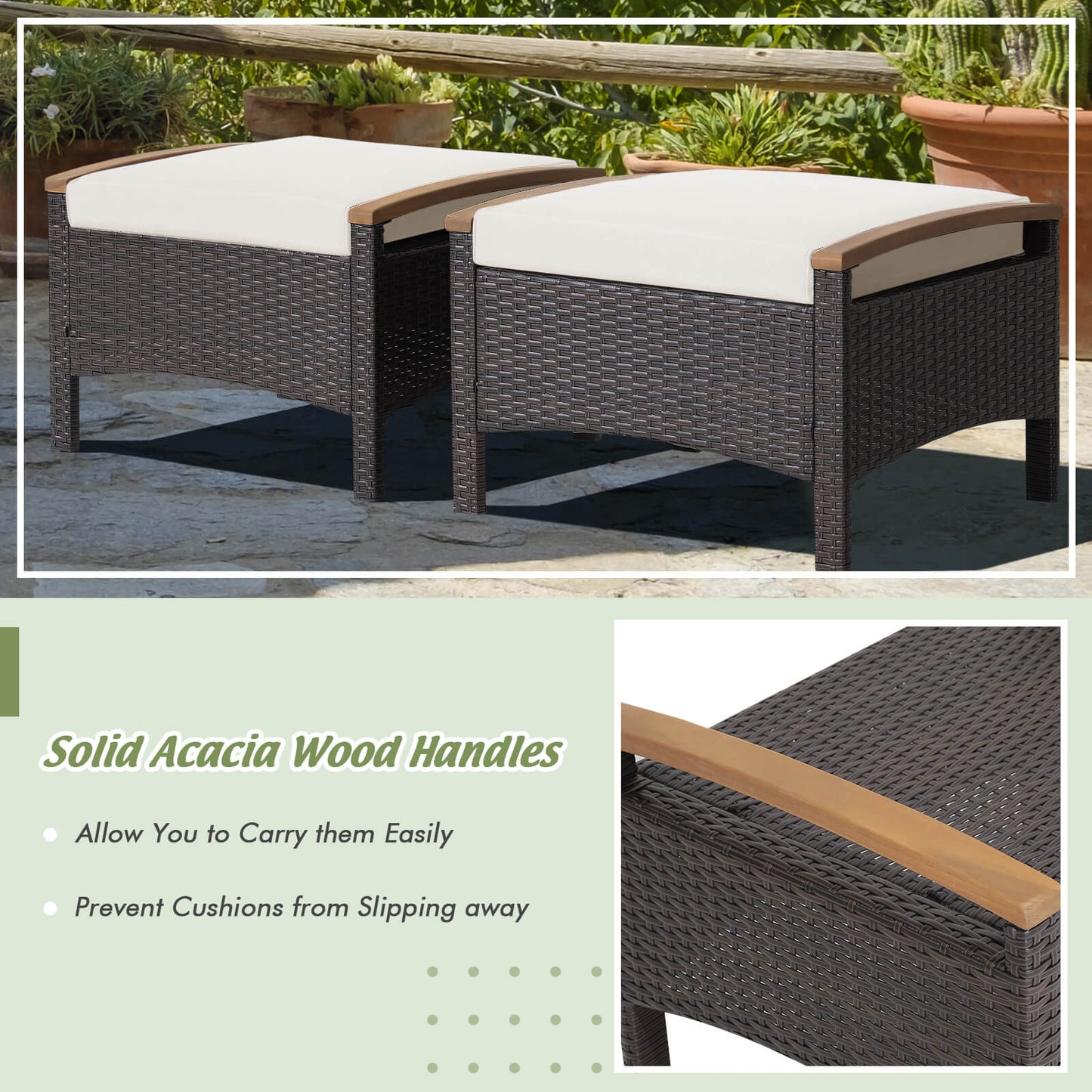 Wicker Patio Ottoman Set of 2 with Cushions - Mix Brown