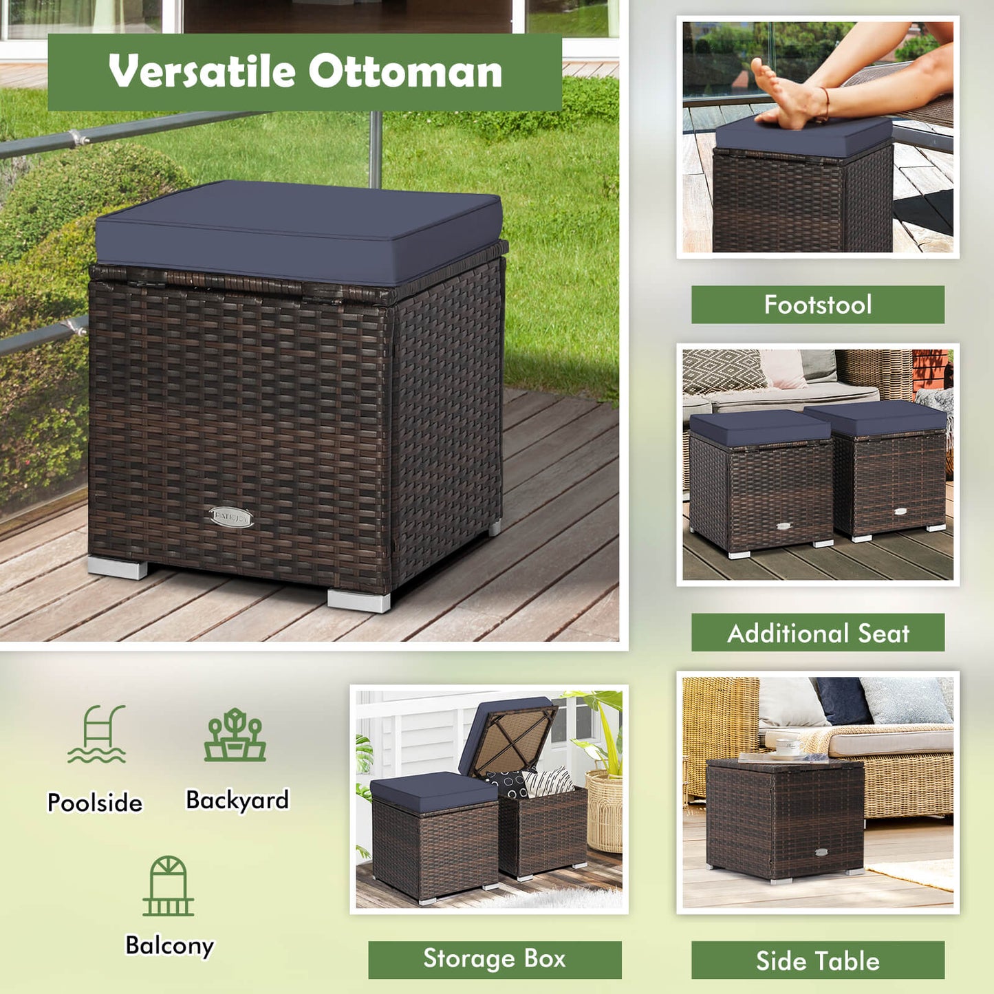 Patio Ottoman Set with Removable Cushions & Storage (2-Piece)